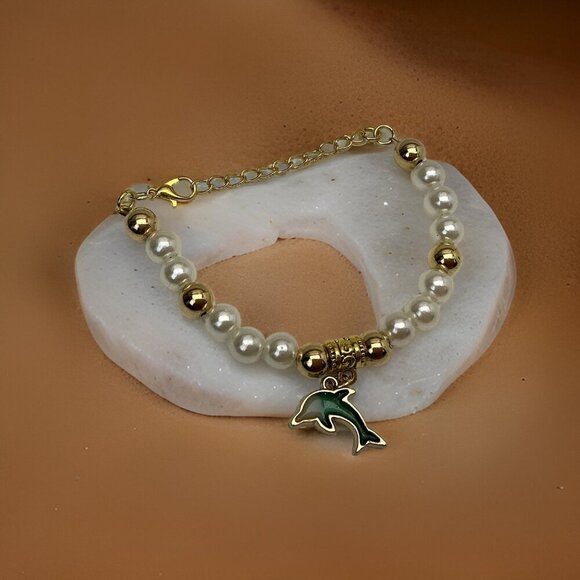Handmade Costume Fun Gold Plated & Faux Pearl Dolphin Charm Bracelet - Picture 3 of 3